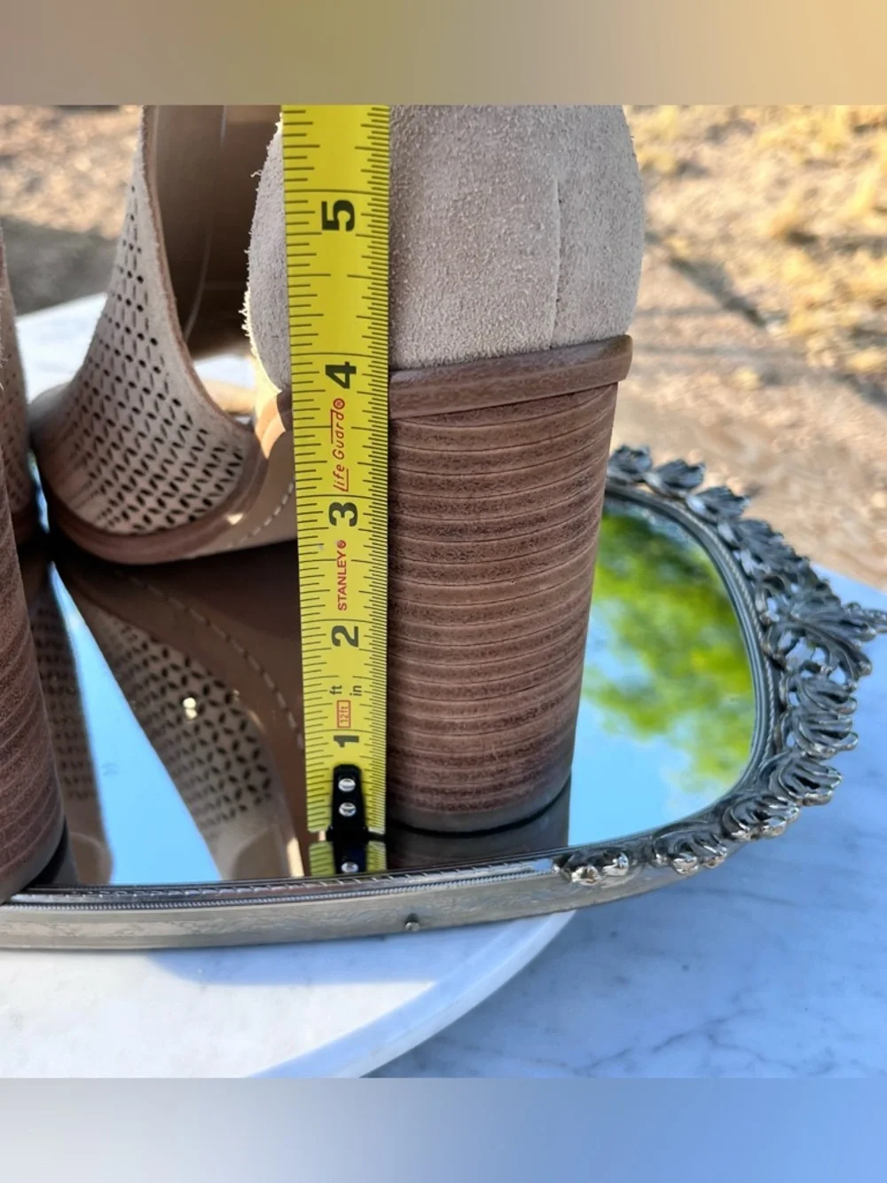 Marc Fisher Vixen Peep Toe City Sandal, 9.5, Tan Perforated Suede, 3.75” Heel - Picture 14 of 15